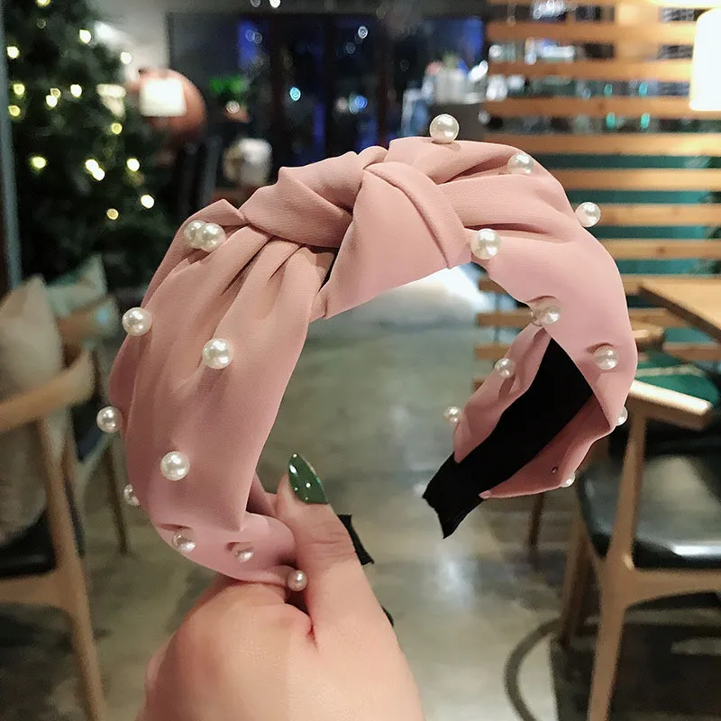 1 Pink Женская Жемчужная Повязка на голову, одноцветная завязанная ободок для волос, модная эластичная повязка для волос ручной работы для женщин, аксессуары для волос для девушек, аксессуары - Цвет: 1 Pink