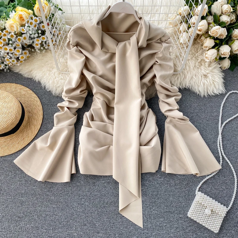 Бежевый Spring Autumn Vintage Women Blouse Runway Designer Flare Long Sleeve Turtleneck Shirts Tops For Female Fashion - Цвет: Бежевый