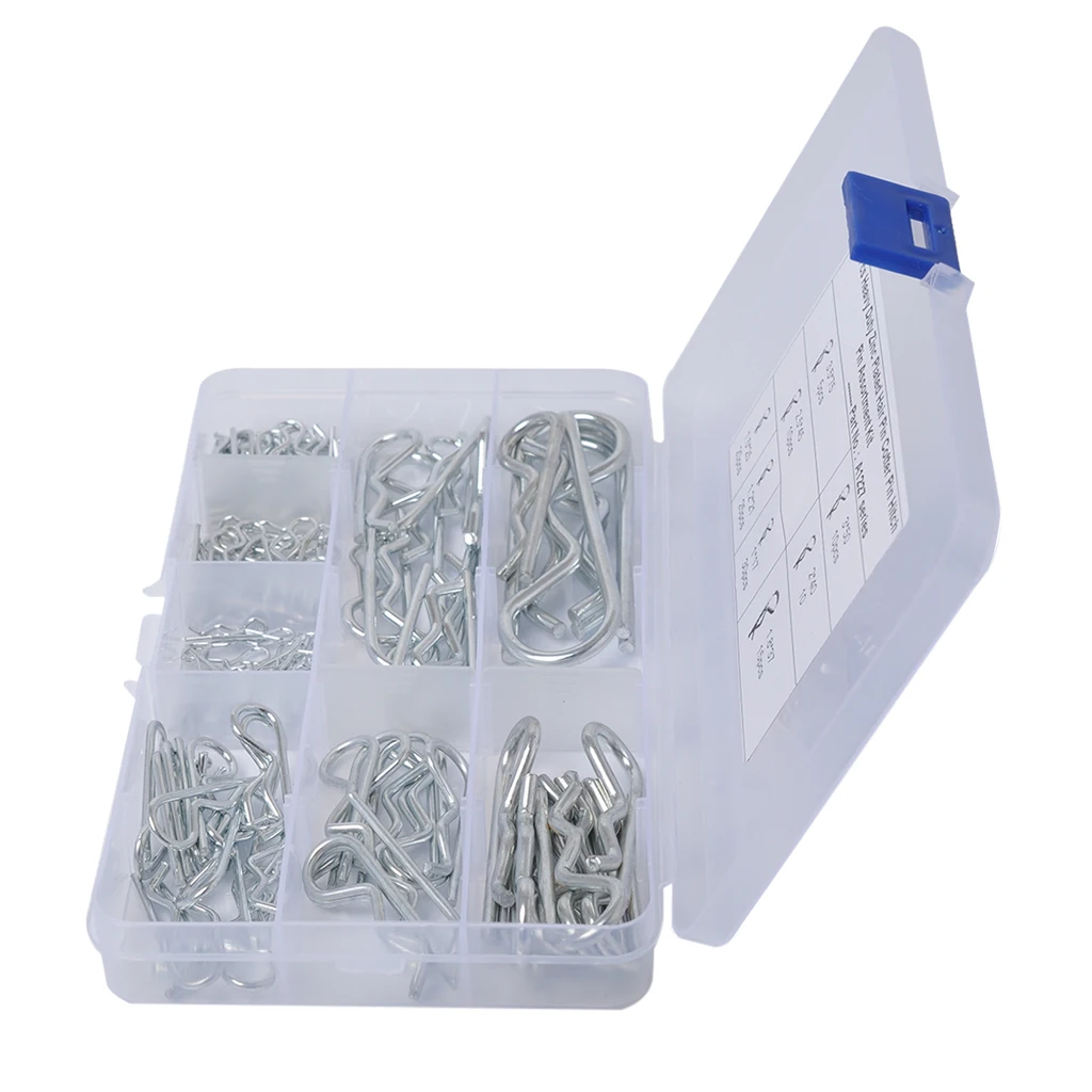 R Cotter Pin Tractor Pin Clip Assortment Fastener Set 8 Different Sizes with Plastic Box Set of 125pcs