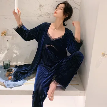 

4PCS Velour Pajamas Set Womens Long Sleeve Robe V-Neck Sleep Wear Pijama Home Nightie Bathrobe Spring Velvet Gown Suit Sleepwear