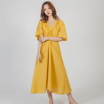 

Women Dresses Summer Solid Cotton Linen V Neck Short Sleeve Sundress Pocket Midi Vestido Female Robe Casual Party Dress