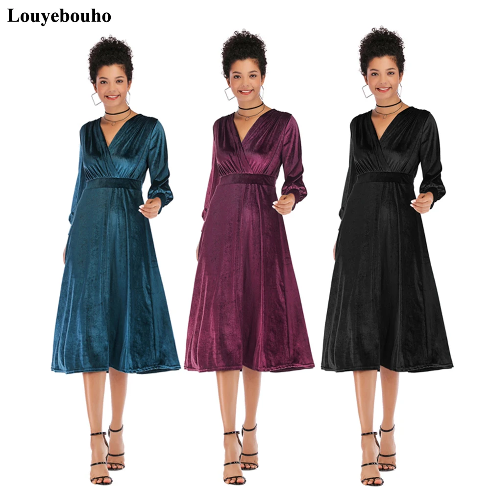 

Women Long Sleeve Flannel Solid Dress Autumn Winter Sexy Crossed V Neck Velvet Party Night Robe Elegant Office Dresses Vestidos