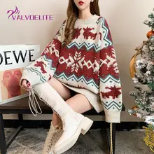 

2021 New Woman Crew Neck Sweater Winter Plus Velvet Warm Knit Pullover Christmas Print Top Fashion All-match Sports Cardigan