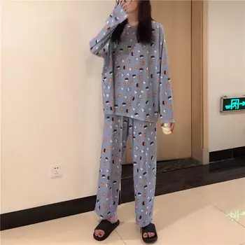 

MISSKY Spring Autumn Woman Pajamas Suit Sweet Long Sleeves Tops+ Trousers Cartoon Pattern Homewear Suit For Female