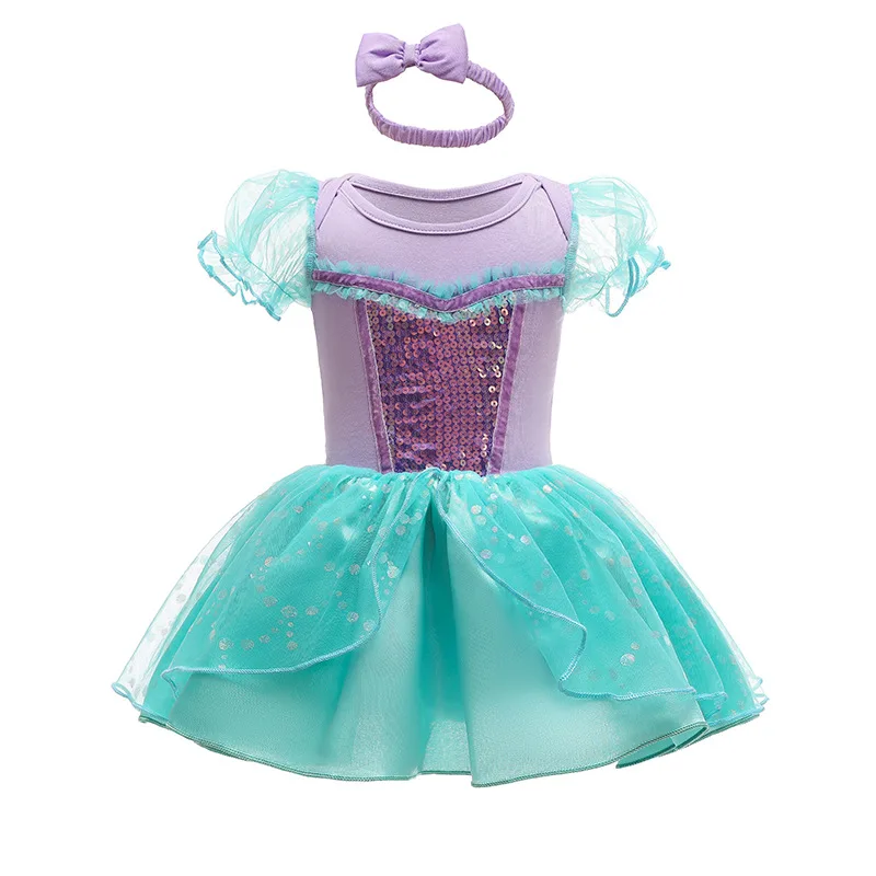 Infant Girl Romper Dress With Headband Elsa Belle Mermaid Snowwhite Fairy Tris Baby Girl Clothes Size 3-18M Baby Quality Dress Baby Bodysuits cheap