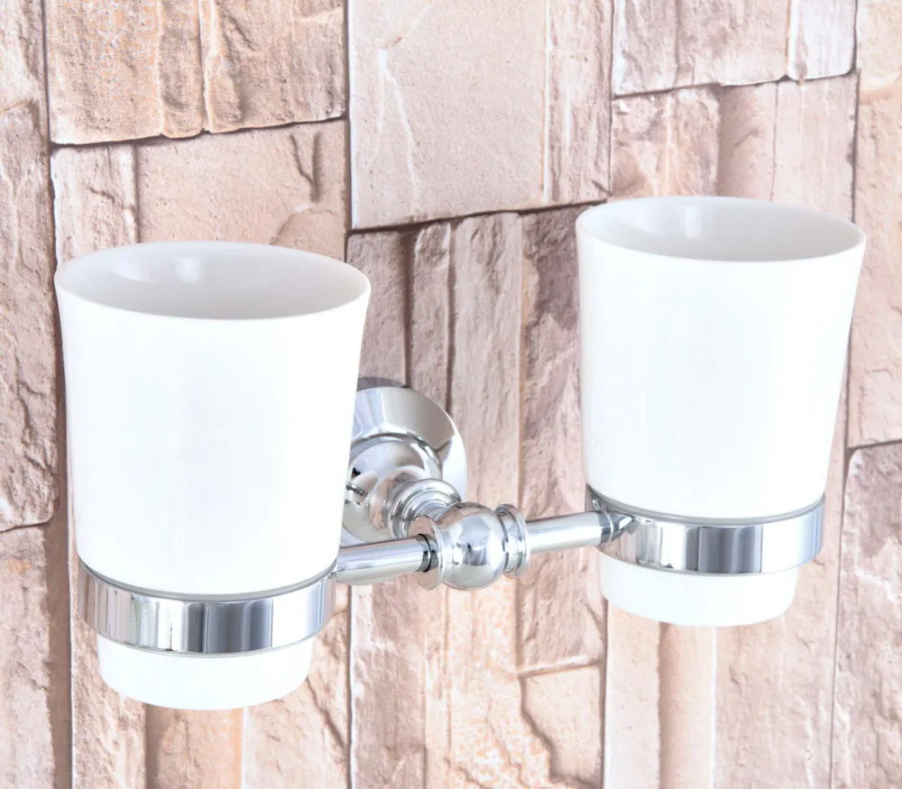 

Двойная керамическая чашка, аксессуары для ванной комнаты, настенный хромированный латунный держатель для зубных щеток Dba798