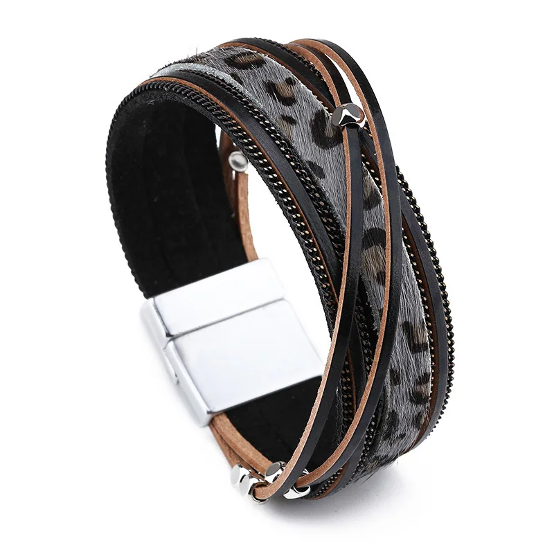 

Leopard Leather Bracelets for Women Fashion Metal Beads Bohemian Wide Wrap Bracelet Ladies Party Jewelry