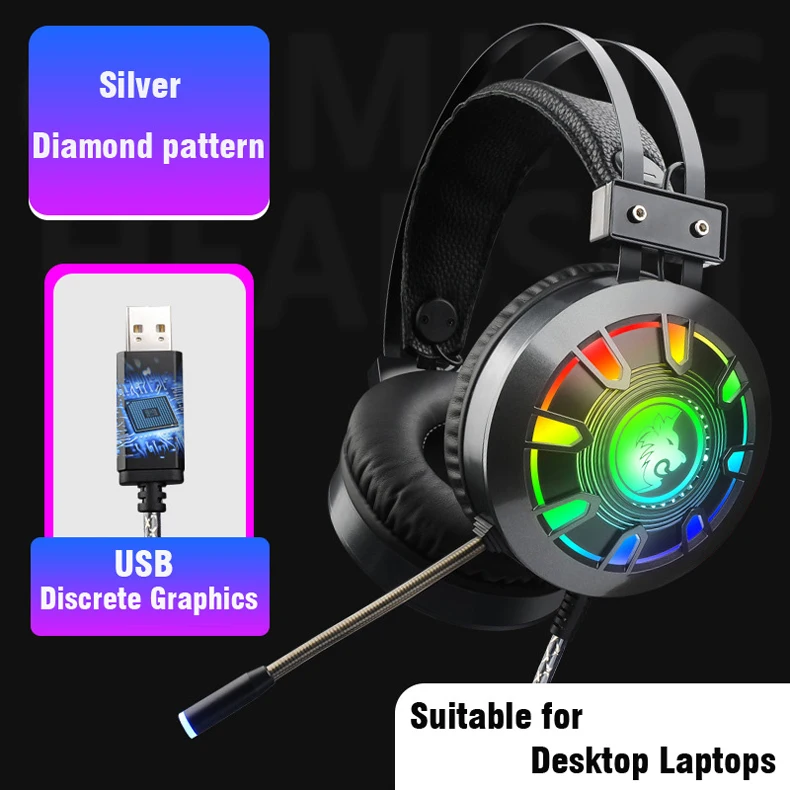 Wired Gaming Headphones Stereo Sound PC Earphones Noise Reduction with Mic Colorful RGB Light Volume Control for Desktop Laptop