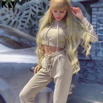 

Women Chic Shiny Sequins Tracksuit Hooded Sweatshirt High Waist Harem Pants With Pockets Trousers Drawstring Hoodies