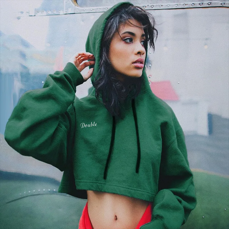

Green Solid Color Loose Long Sleeve Women Hoodies Casual Streetwear Letter Print Vintage Short Tee Sweatshirt Femme Hooded Tops