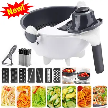

9 in 1 Multifunction Manual Slicer Drainer Bowl Vegetable Fruit Cutter Chopper Grater with Rotate Drain Basket Cut Kitchen Tools