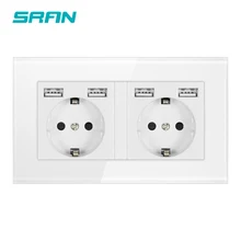 SRAN Европейская стандартная настенная мультирамная электрическая розетка с usb-разъемом, заземленная Черная Стеклянная Двойная usb-розетка, 4 порта для зарядки