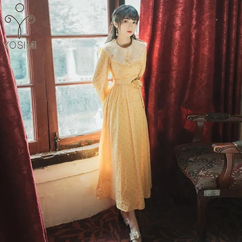 

YOSIMI 2020 Spring Summer Chiffon Dot Long Dress Full Sleeve Tunic Mid-Calf Fit and Flare Peter Pan Collar Sweet Women Dress