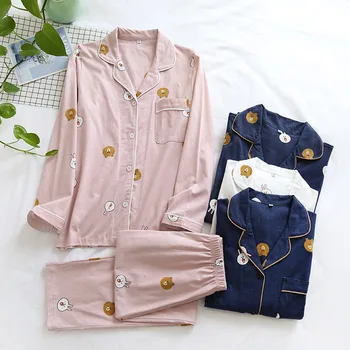 

100% Knitted Cotton Carton Print Women Homewear Set Elastic Waist Loose Female Pajamas 2020 Autumn Casual Sweet Ladies Sleepwear