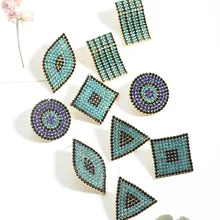 Yhpup индивидуальные трендовые индийские стильные Синие стразы серьги-гвоздики Геометрические Этнические Роскошные ювелирные изделия с кристаллами для женщин вечерние S925