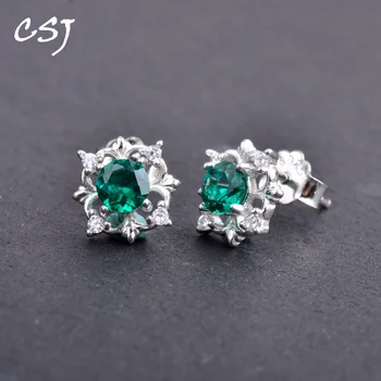 

CSJ Classic Created Emerald Earrings Real 925 Silver sterling non-natural Emerald Fine Charm Jewelry for Women Gift free exprss