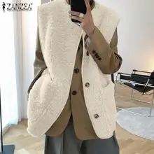 

Oversized ZANZEA Autumn Women Warm Outwear Faxu Lamb Wool Vest 2021 Casual Harajuku Solid Sleeveless Loose Coat Button Jackets 7