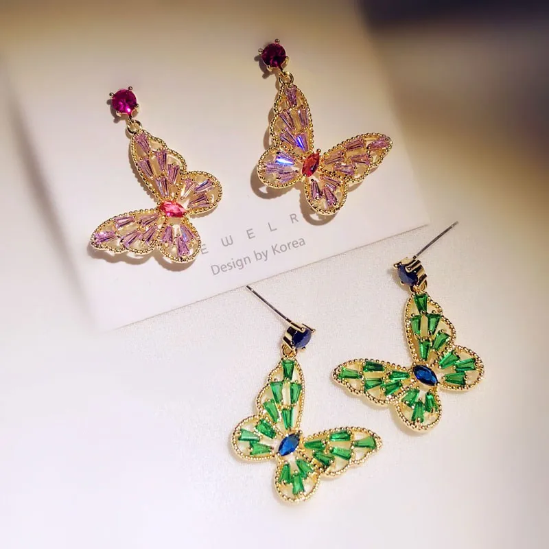 S925 Silver Needles Drop Earrings For Women Green/Pink Cubic Zirconia TButterfly Romantic Fine Jewelry Bridal Wedding Accessory
