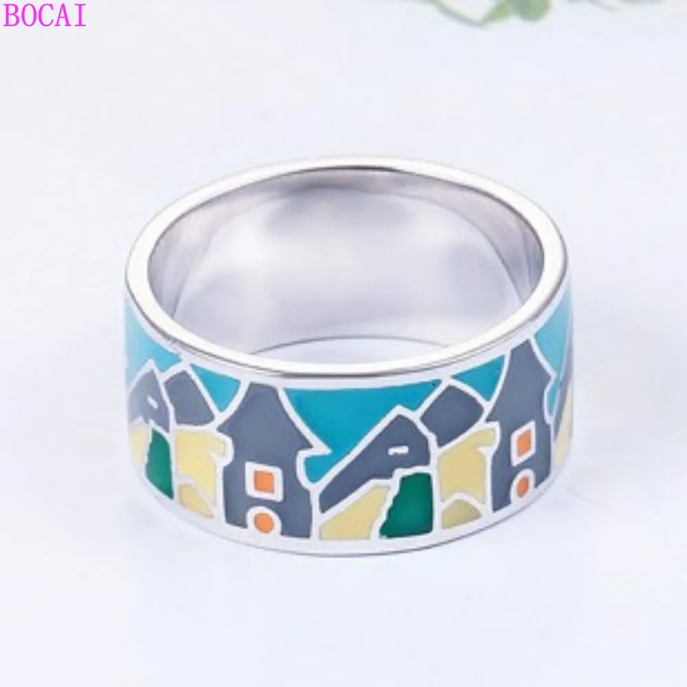 

S925 Sterling Silver rings retro color glaze enamel drop oil wide ring for women Thai silver lady's ring hand ornament