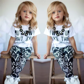 

Hot Selling Baby Girls Summer Clothes Sets Letter Casual Cotton Tops Shirt + Printing Causal Pants 2PCS Summer Short Sleeve Sets