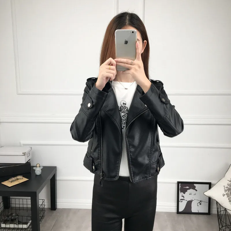 new Leather Jacket Women female short section Slim leather PU washed Leather Coat fashion temperament Biker Jacket women