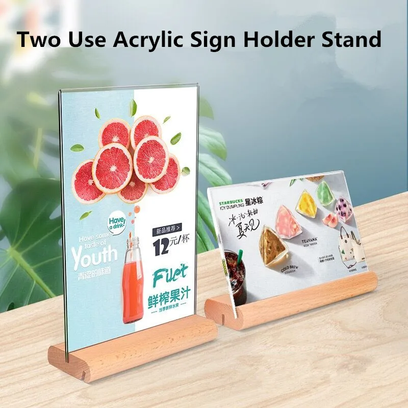 A6 Wood Round Base T / L Shape Two Use Acrylic Sign Holder Display Stand Menu Paper Card Holder Frame Board