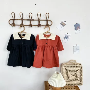 

Girl Black Red Doll Collar Princess Dress Autumn Long Sleeve Linen Cotton Casual Dress Children A Line Dresses Princess Dress