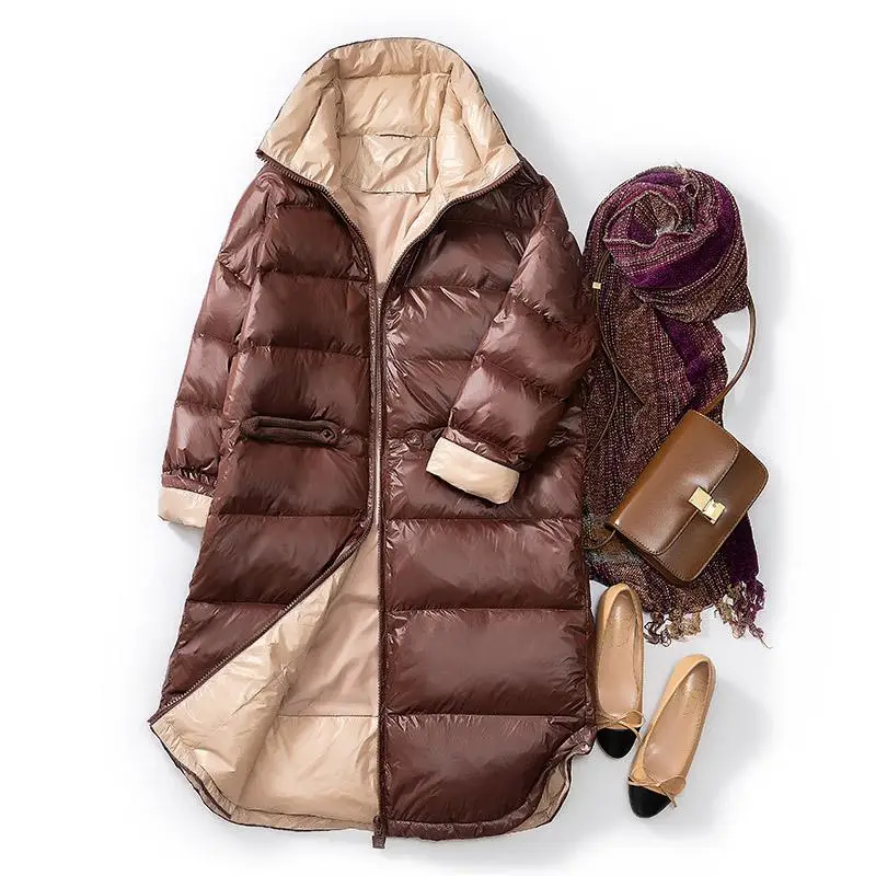 FTLZZ новая зимняя куртка женская ультра легкая парка на утином пуху изящное длинное пальто женская теплая ветрозащитная зимняя верхняя одежда - Цвет: Коричневый