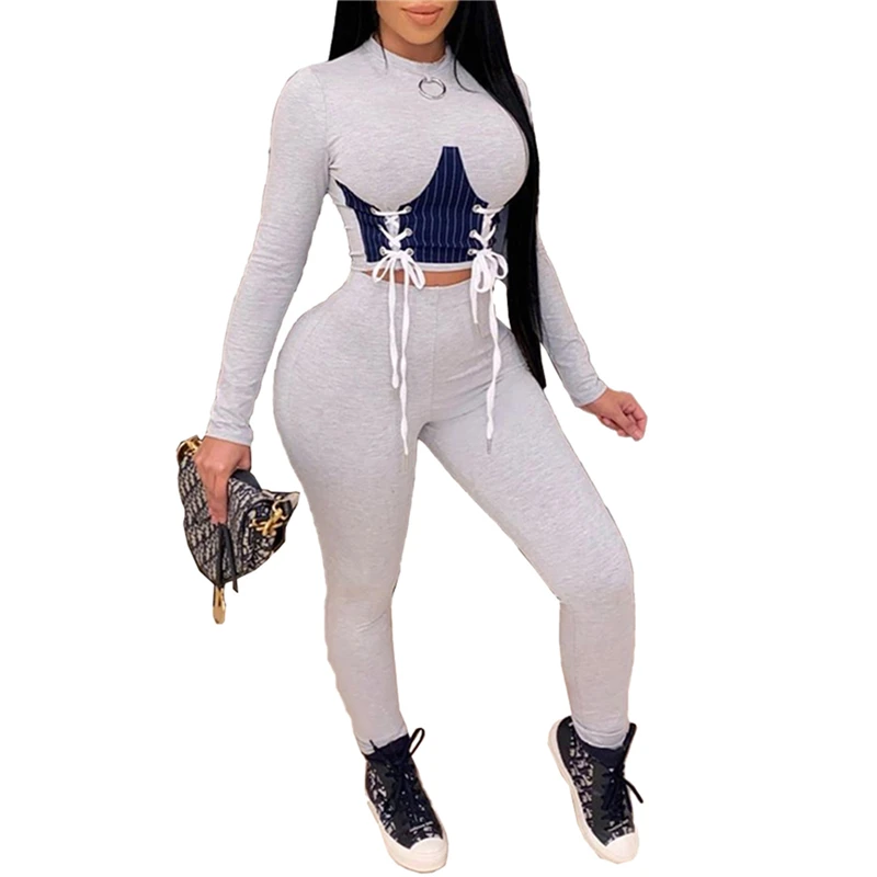 

Women's Clothing Set Slim Suit Round Neck Long Sleeve Strap Crop Top and Pants Two-piece Suit 2 Piece Set Roupas Feminina