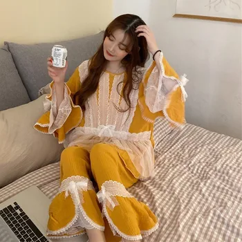 

XIFER Autumn New Sweet Girl Style Gauze Pajamas Loose and Versatile, Thin Round Neck Home Service Suit One Size