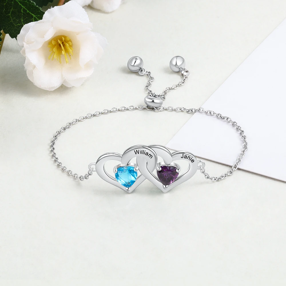 Customized 2 Names Adjustable Couple Bracelet Personalized Heart Birthstone Engraved Bracelet for Women (JewelOra BA102580) - Image 4