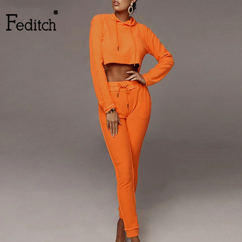 

Feditch Autumn 2019 Women Two Piece Set Neon Bandgae Hooded Long Sleeve Casual Women Set Crop Top And Long Pants Female Outfits