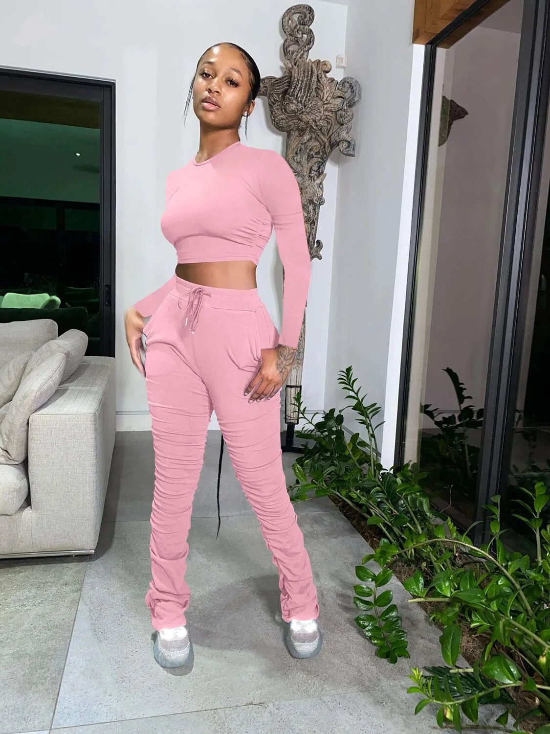 Fall Two Piece Set Women Stacked Pants 