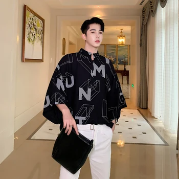 

Men Summer Stand Collar Letter Print Loose Casual Black Pullover Shirt Oversize Male Streetwear Vintage Short Sleeve Shirt