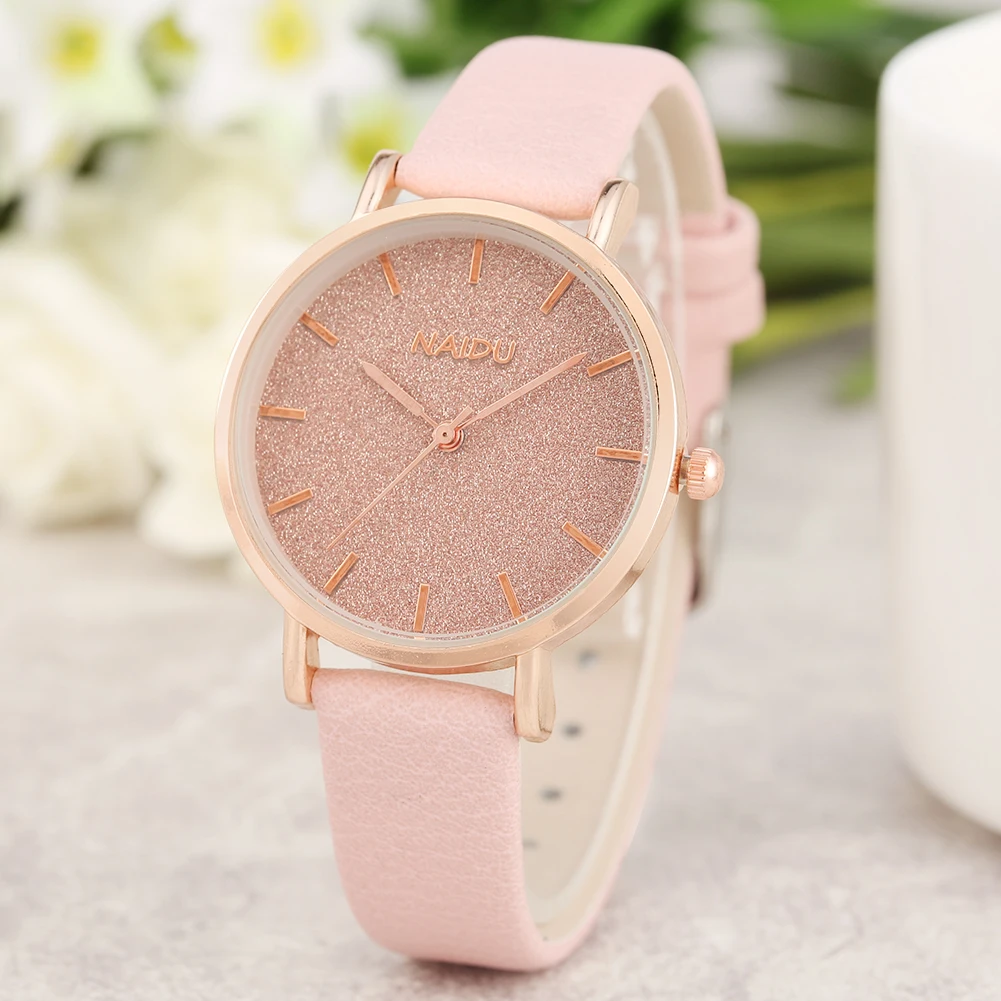 

Pink Leather Strap Wrist Bangle Watches Analog Quartz Watch for Women Novel Dial Bracelet Rose Gold Case Clock horloge dames