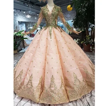 

BGW 21512ht Luxury Swollen Evening Dress 2020 V-neck Long Sleeves Tassel Lace Up Back Ball Gown Prom Dresses With Golden Sequins