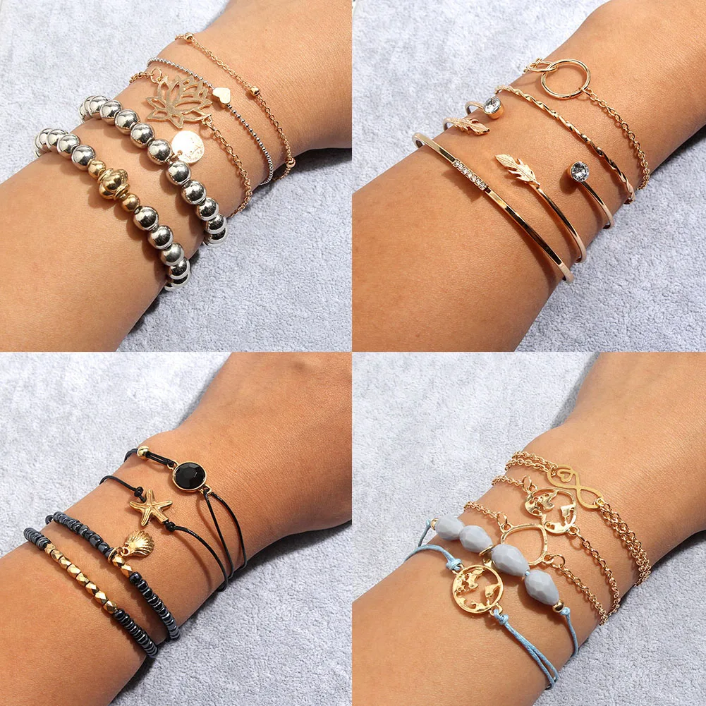 JUST FEEL Bohemian Multi-layer Bangle Bracelet For Women Fashion Gold Sliver Color Chain Charm Beaded Femme Accessories | Украшения и