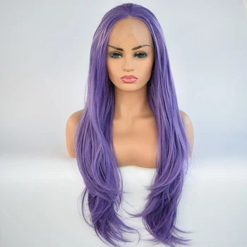 

Fantasy Purple Color Long Natural Wave Cosplay&Drag Queen Make up Heat Resistant Fiber Hair Synthetic Lace Front Wigs for Women