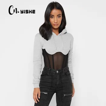 

CNYISHE Sexy Patchwork Zipper Hoodies Women Autumn Long Sleeve Regular Sweatshirt Female See Through Fashion Hooded Pullover Top