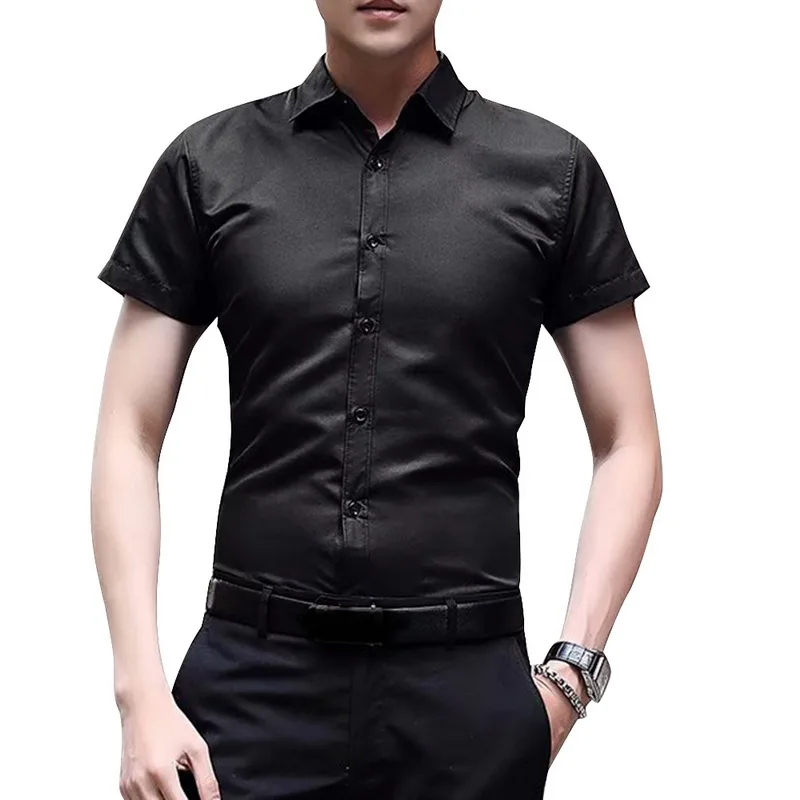 black short Новая повседневная однотонная мужская рубашка с длинным рукавом, тонкая версия, мужская деловая рубашка, брендовая мужская одежда с пуговицами - Цвет: black short