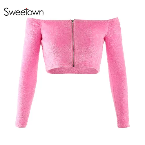 Sweetown осень Горячая Мода Тедди футболки для женщин уличный стиль с открытыми плечами укороченный топ розовый на молнии длинный рукав женская футболка - Цвет: pink