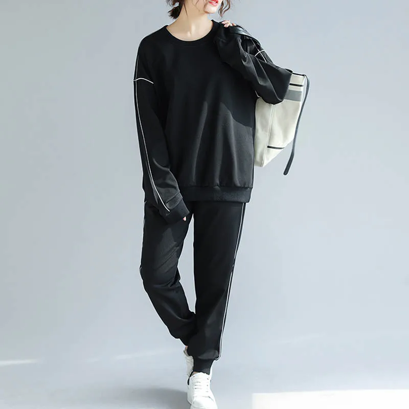 Осенние свитшоты для женщин размера плюс, обхват груди 130 см, 6XL, 7XL, комплект свитеров черного цвета, комплект из двух предметов