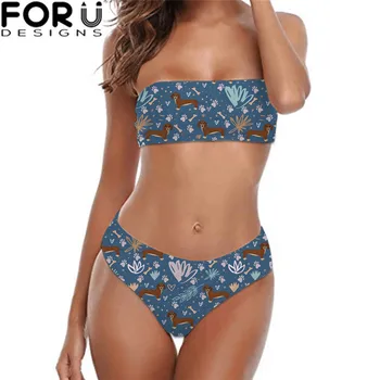 

FORUDESIGNS Hot Sexy Bikini Playful Dachshund/Pug Dog Pattern Top Women Swimsuits Bandeau Brazilian Beachwear Plus Size XS-XXL