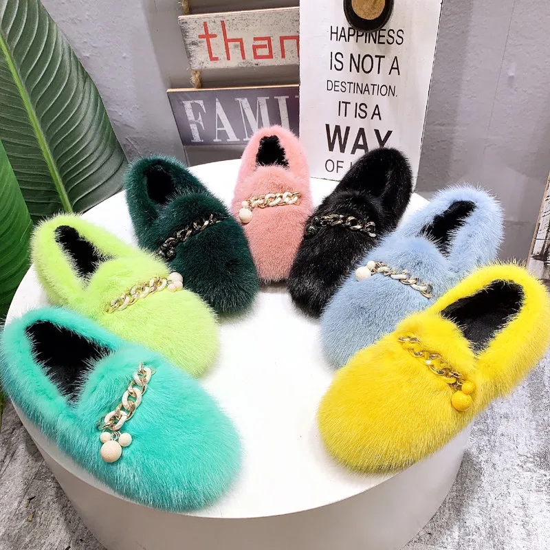 

Jady Rose Mink Fur Women Flats Chains Decor Casual Moccasins Winter Warm Outside Loafers Espadrilles Ladies Flat Fur Shoes