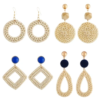 

Women's Earrings Retro Geometric Earrings Handmade Rattan Earrings Handmade Beach Earrings 4 Pairs