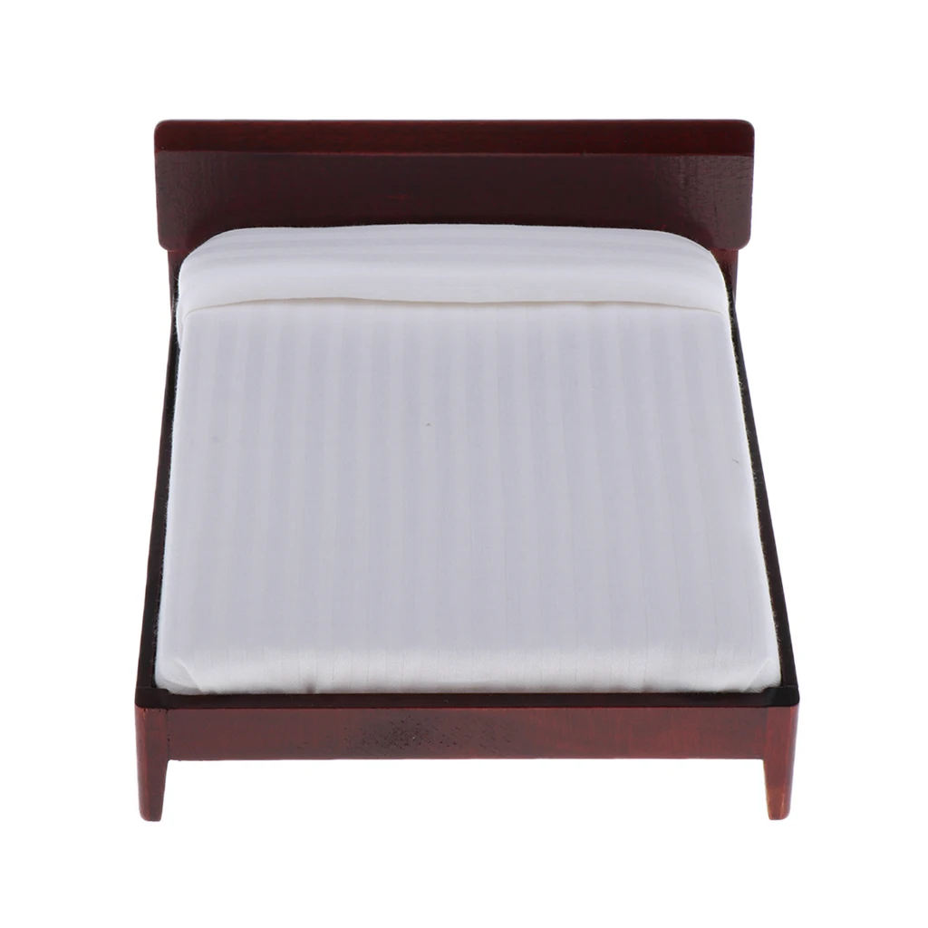 1:12 Dollhouse Bedroom Furniture Set - Wooden Bed & White Mattress Pillow - Doll House Life Scenes Decoration