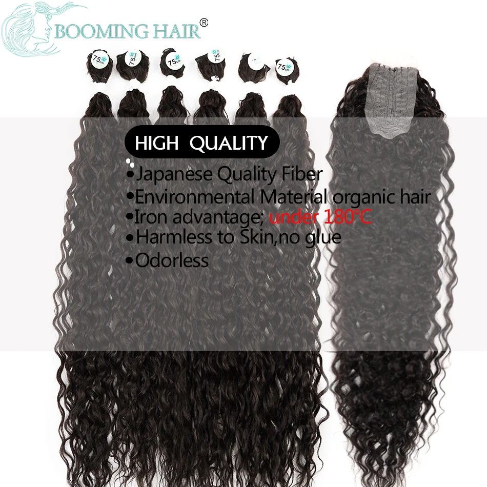 Synthetische Blonde Bundles Mit Verschluss Organische Gefälschte Haar Extensions Verwicklung Frei Lose Welle Bundles 32 Zoll Ombre Lange Lockige Perücke – Detail 5