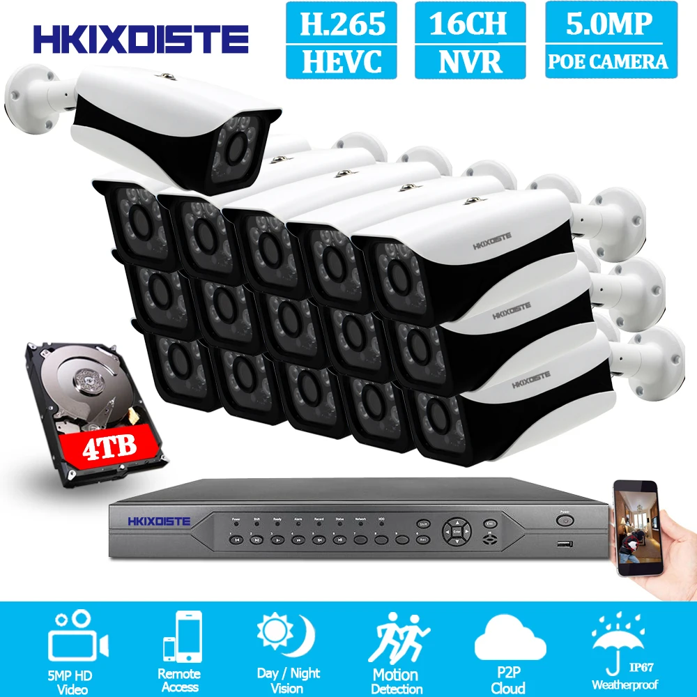 

HKIXDISTE H.265 Super HD 16CH 5MP 8CH 4K POE security camera System Kit POE IP Camera Outdoor cctv Video Surveillance NVR set
