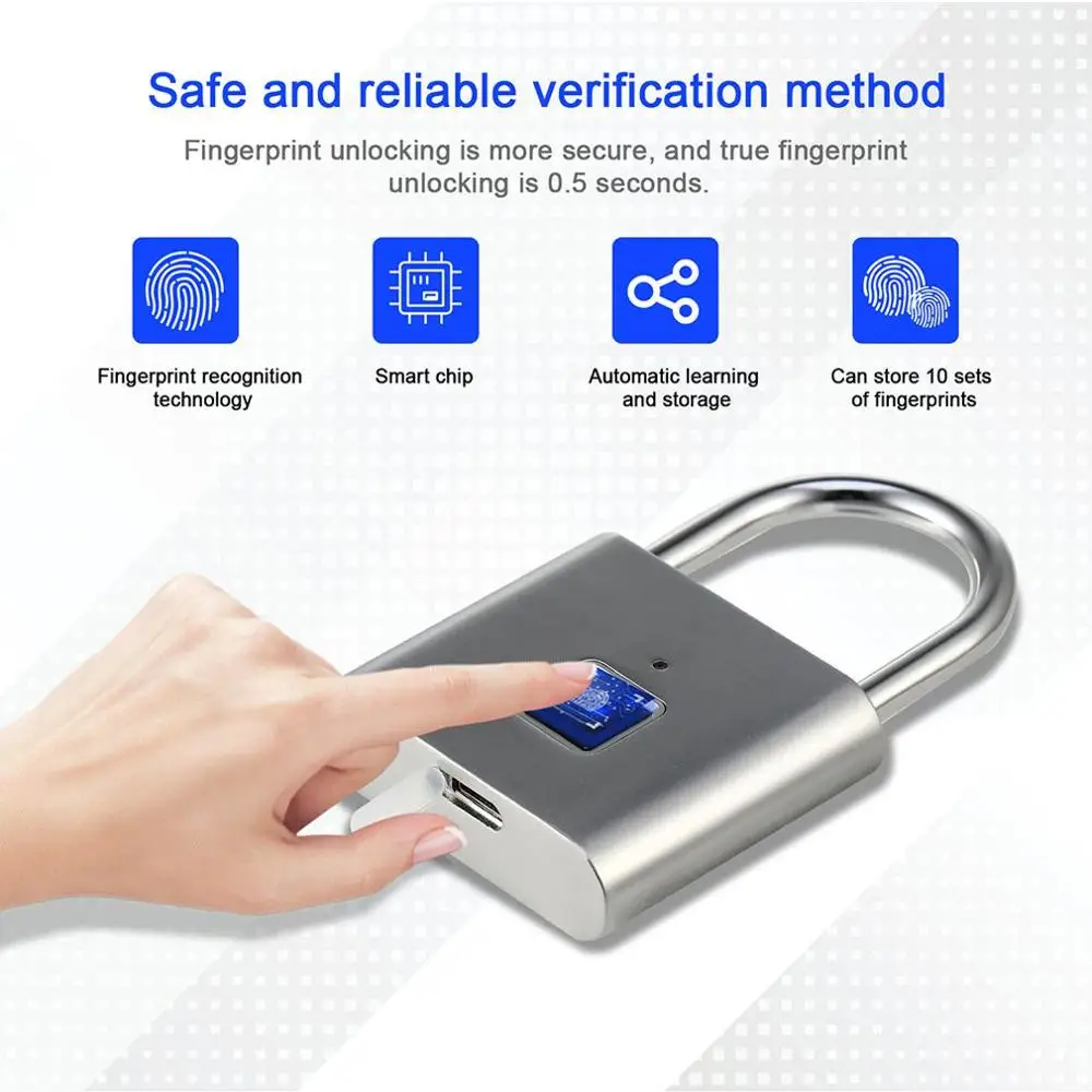 

Keyless USB Rechargeable Fingerprint Lock Smart Padlock Quick Unlock Anti-theft Safety Security Padlock for Bag Drawer Suitcase