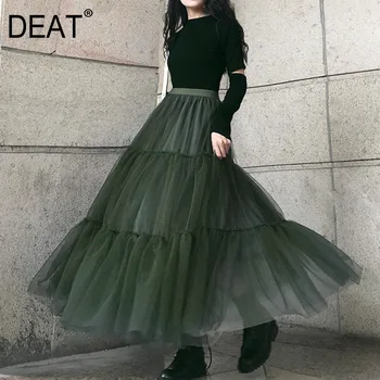 

DEAT 2020 new spring and summer high waist mesh A-line long halfbody skirt mesh double levels high quality WM43906XL